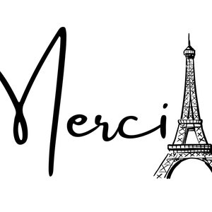 Merci SVG PNG PDF Clip Art, Frans dank u Effiel Tower, sublimatie of print & cut