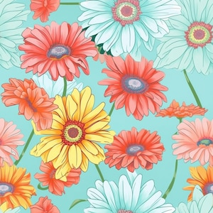 Färgglada Gerber Daisies Mönster, Blå Bakgrund