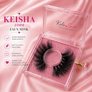 May include: A pair of black faux mink eyelashes in a clear, square case with a pink glitter base. The case is labeled "KEISHA 25MM FAUX MINK" and "Kola Suite". The lashes are described as extra dramatic, 25mm length, soft, fluffy, reusable, and long-lasting.