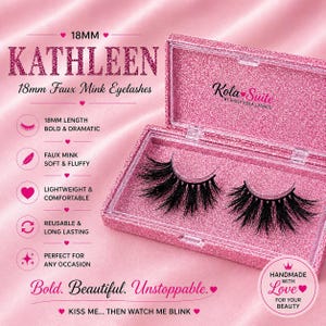 May include: A pink glittery case holds a pair of 18mm faux mink eyelashes. The case is open, revealing the black lashes. Text on the case reads "Kola Suite" and "Kathleen 18mm Faux Mink Eyelashes". The text also says "Bold. Beautiful. Unstoppable."