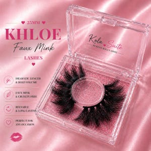 May include: A clear acrylic case holds a pair of black faux mink eyelashes. The case is open, revealing the lashes on a pink glitter base. Text on the case reads "KHLOE Faux Mink Lashes" and "Kola Suite". The lashes are 25mm in length.