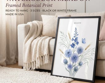 Meadow Bouquet, Framed Watercolor Delphinium Print, Soft Blue Wildflower, Cottagecore Wall Art, Bedroom Botanical Decor, Above Bed