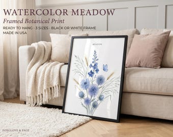Meadow Bouquet, Framed Watercolor Delphinium Print, Soft Blue Wildflower, Cottagecore Wall Art, Bedroom Botanical Decor, Above Bed