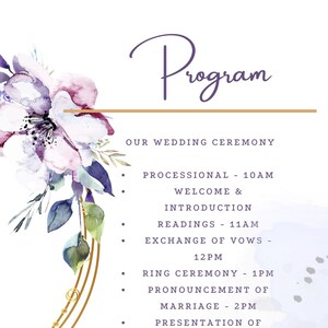 Könnte beinhalten: Ein Hochzeitsprogramm mit einem Aquarell-Blumenmuster. Das Programm listet die Reihenfolge der Ereignisse auf, darunter der Einzug, die Lesungen, der Austausch der Gelübde, die Ringzeremonie, die Verkündung der Ehe, die Vorstellung des Paares, der Auszug und der Empfang.