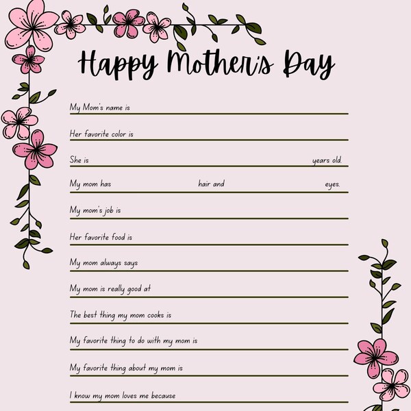 Printable Mother's Day Questionnaire - A Heartfelt Gift from the Kids for Mother's day gifts