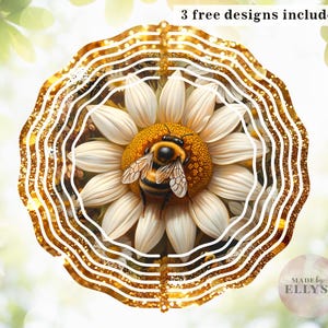 May include: A decorative, circular design featuring a detailed illustration of a bee on a daisy. The daisy has white petals and a yellow center. The design is framed by a gold glittery border with white wavy lines. Text reads "3 free designs included".
