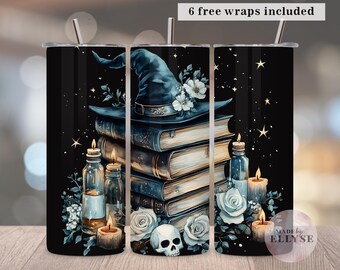 Envoltura para vaso de Halloween con hechizos de brujas, envoltura para vaso delgado de 20 oz, sublimación digital PNG, botella de poción, vaso con libro de hechizos de brujas de fantasía, 31
