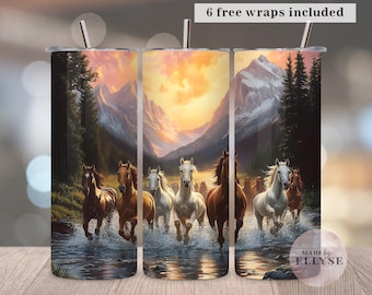 Envoltura para vaso con caballos salvajes corriendo, envoltura para vaso delgado de 20 oz para montar a caballo, sublimación PNG digital, lago de pesca escénico natural, vaso de 20 oz, 28