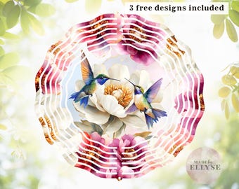 Molinillo de viento de colibrí rosa con sublimación, molinillo de viento con flores de peonías naturales, molinillo de viento de colibrí floral pastel arcoíris, 14