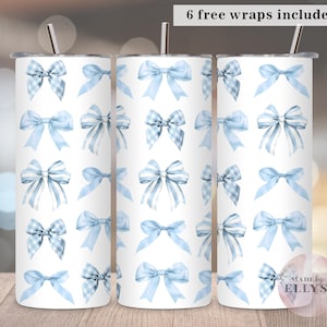 Bicchiere con fiocco blu, Bicchiere sottile da 20 once, stampa digitale PNG a sublimazione, Bicchiere con fiocchi retrò blu da ragazza, graziosi bicchieri da sposa, 18