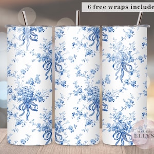Copritavolo con fiocco blu in tela De Jouy, copritavolo sottile da 20 once, stampa digitale in PNG con sublimazione, tumbler con fiori e fiocchi in stile cinese blu, 8
