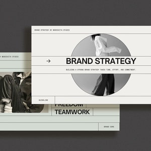 Puede incluir: Una imagen en blanco y negro de una persona que lleva una camisa blanca y pantalones negros. La imagen está en un círculo con el texto "BRAND STRATEGY" encima. El texto "BUILDING A STRONG BRAND STRATEGY TAKES TIME, EFFORT, AND COMMITMENT." está debajo del círculo. El texto "GUIDELINE" está en la esquina superior izquierda de la imagen. El texto "FREEDOM" y "TEAMWORK" están debajo de la guía. El texto "BRAND CORE" está en la esquina inferior derecha de la imagen.