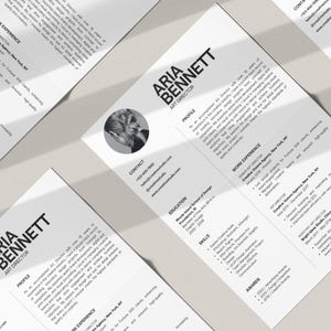 May include: A black and white resume with a headshot of a woman. The resume is for Aria Bennett, Art Director. The resume includes contact information, education, work experience, skills, and awards.