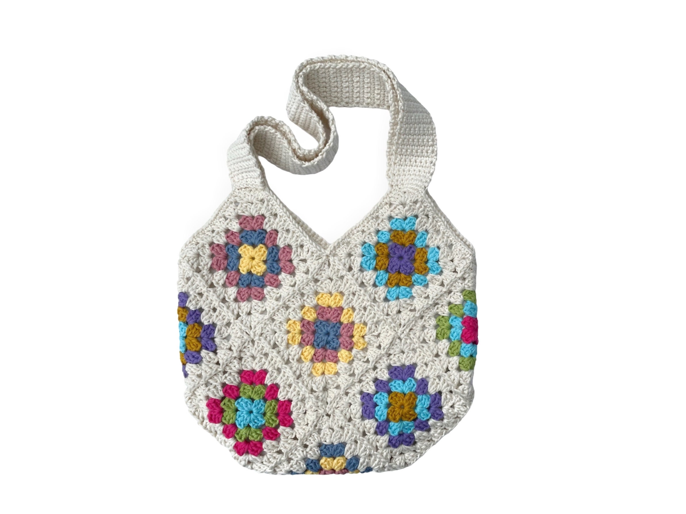 Granny Square Crochet Cotton Tote Bag, Crochet Bag, Crochet Tote