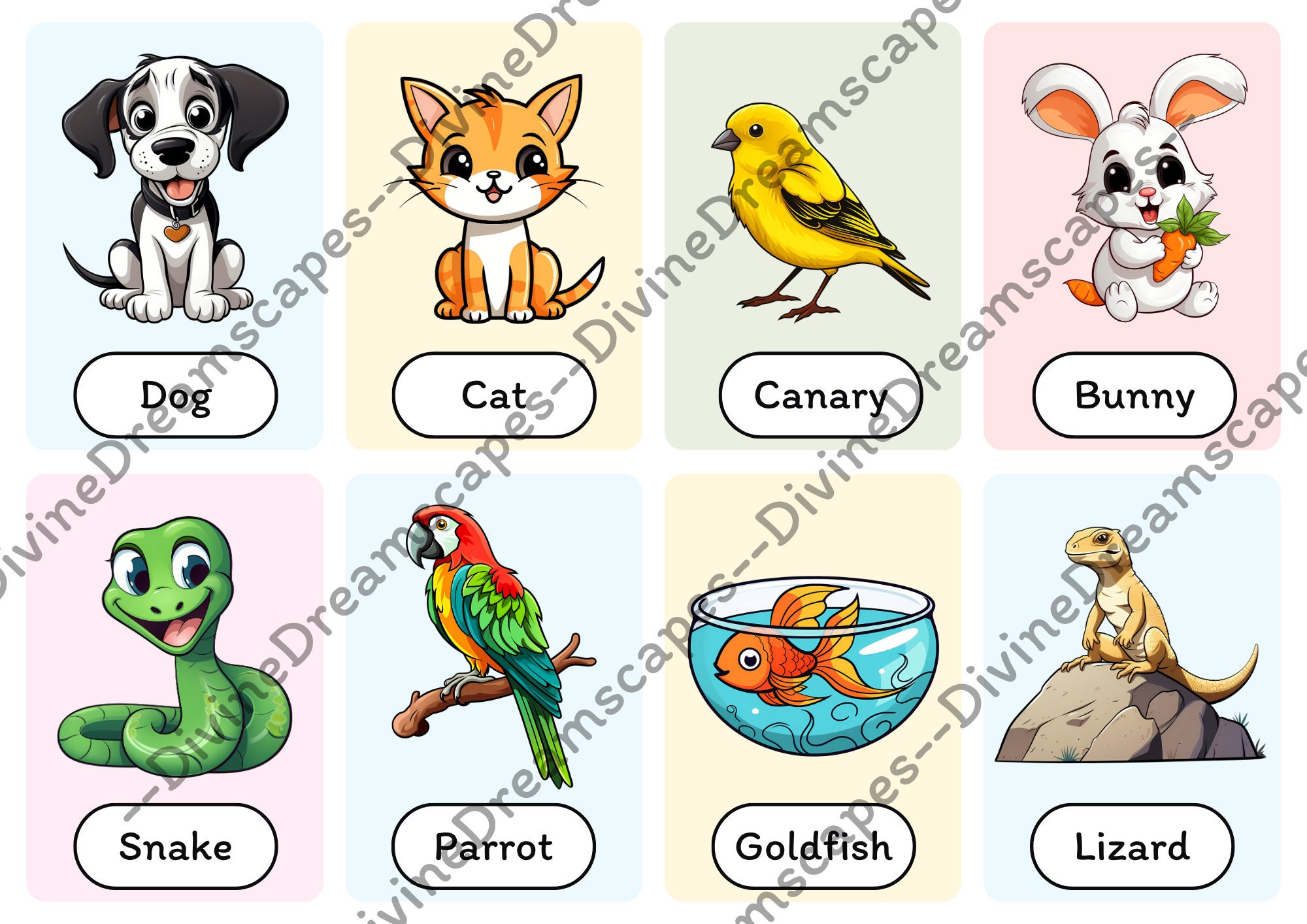 Printable Flashcards for Kids Pets 14pcs. Cute Cartoon - Etsy