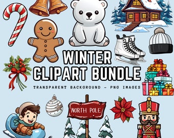 Winter Clipart Bundle - Cartoon Style - 24 Pieces - Transparent Background - PNG Bundle - Christmas Decoration
