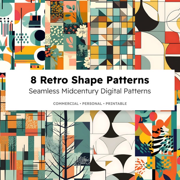 8 Seamless Midcentury Retro Shape Digital Patterns