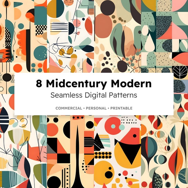 8 Midcentury modern, high resolution, seamless digital patterns.