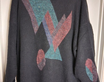 Vintage Men's Oversized Black Geometric Pattern Crewneck Grandpa Sweater SZ 3X