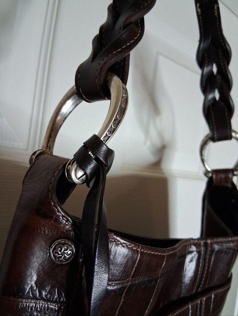Large Brighton Rich Dark Brown Croc-Embossed Leather Shoulder Bag D664883 image 3