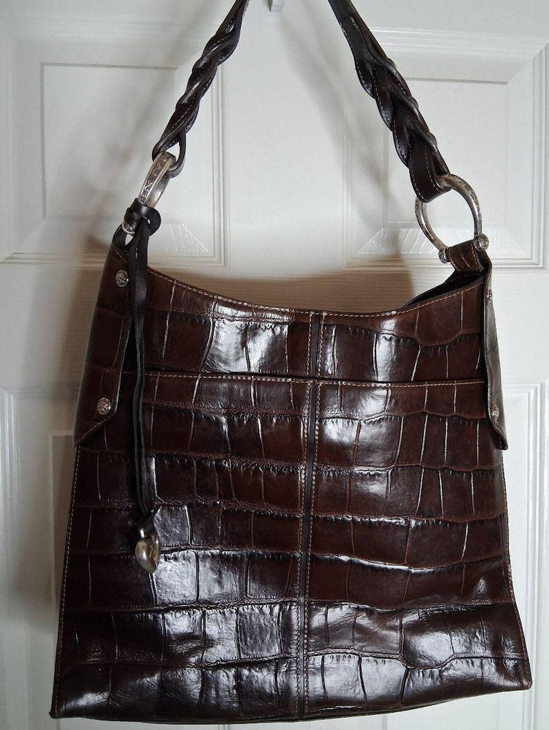 Large Brighton Rich Dark Brown Croc-Embossed Leather Shoulder Bag D664883 image 1