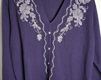 Vintage 80s Koret Purple V-Neck Embroidered Heart Button Up Cardigan Size 2X