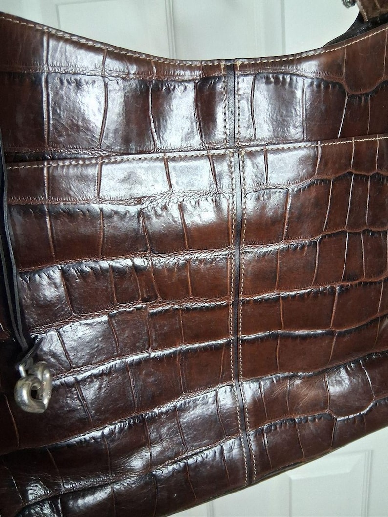 Large Brighton Rich Dark Brown Croc-Embossed Leather Shoulder Bag D664883 image 6