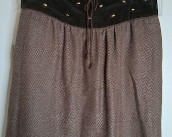 Vintage Brown Herringbone Wool-Blend Skirt with Velvet Waist Size 42