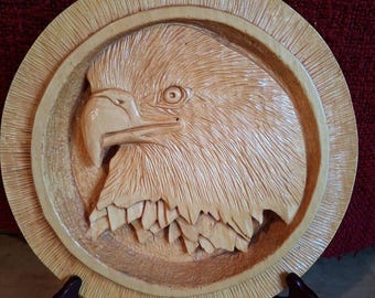 Hand Carved Eagle Wall Plaque - Natural Wood Tone 10"