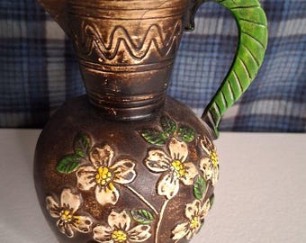 Vintage Green-Handled Floral Ceramic Pitcher - Decorative Home Art 5.5"