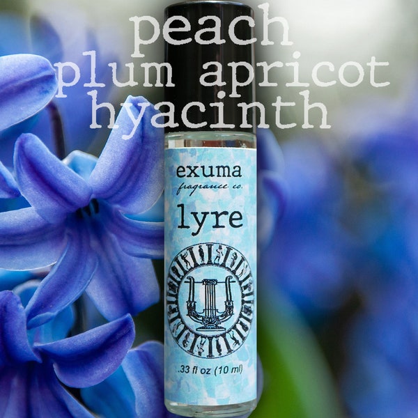 Lyre Perfume Oil | Hyacinth, Peach, Plum, Apricot Fragrance | Fruity Floral Roll-On Scent & Eau de Parfum Spray w/ Aquamarine Gemstones