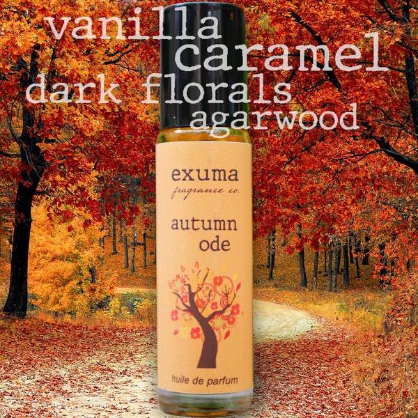 Autumn Ode Perfume Oil | Dark Floral, Vanilla, Caramel Oud Fragrance | Natural Vegan Roll-On or Spray Fall Scent with Garnet Gemstones