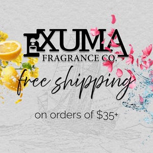 K&ouml;nnte beinhalten: Das Bild zeigt den Text "EXUMA FRAGRANCE CO." in Schwarz, mit "free shipping" in Schreibschrift. Zitronenscheiben und gelbe Blumen befinden sich links, mit rosa Bl&uuml;tenbl&auml;ttern und einer Schiffillustration im Hintergrund.
