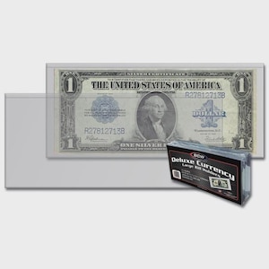 May include: A one-dollar silver certificate in a clear protective holder. The bill features a portrait of George Washington and the text "ONE SILVER DOLLAR". A package of "Deluxe Currency Large Bill Holders" is also visible.