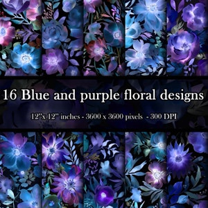 Seamless 16 blue and purple floral designs, digital prints, Floral Sublimation, 12 inches, 3600 pixels, 300 dpi, print on demand.