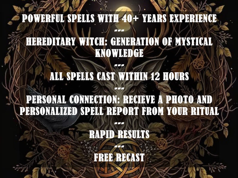 May include: An image with a dark, mystical theme, featuring text about spells and witchcraft. The text includes phrases like "Powerful Spells," "Hereditary Witch," and "Rapid Results." The design incorporates natural elements and a central animal figure.