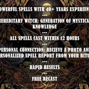 May include: A dark, mystical image with a wolf and a bird in a forest setting. The text reads "Powerful Spells with 40+ Years Experience", "Hereditary Witch: Generation of Mystical Knowledge", "All Spells Cast Within 12 Hours", "Personal Connection: Receive a Photo and Personalized Spell Report from Your Ritual", "Rapid Results", and "Free Recast".