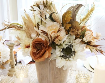 Fall Harvest Decor Autumn Flower Arrangement Modern Fall Flower Arrangement Fall Decor Thanksgiving Centerpiece Neutral cream white Tan