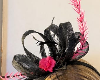 Black & Pink Feathered Fascinator Headband Wedding Guest Headpiece