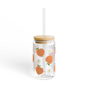 Sipper Glass with Peach Floral Design, 16oz Beverage Jar, Cute Summer Drinkware, Gift for Fruit Lovers, Eco-Friendly Hydration
