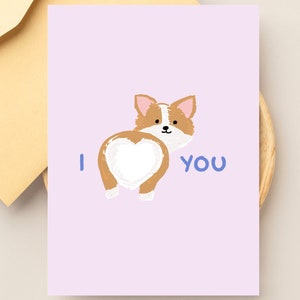 Zabawna karta „Kocham Cię” Corgi, karta rocznicowa, romantyczna karta dla żony, dziewczyny, męża lub chłopaka, karta z pupą Corgi, do wydrukowania