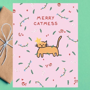 Tarjeta navideña con gato divertido y alegre, tarjeta de señora gata, linda tarjeta navideña, tarjeta festiva ilustrada con gato, gato de Navidad, tarjeta con árbol de Navidad con gato