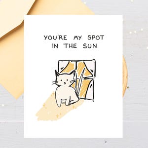 May include: A white greeting card with the text "YOU'RE MY SPOT IN THE SUN" and a drawing of a white cat sitting by a window. The card is paired with a light yellow envelope.