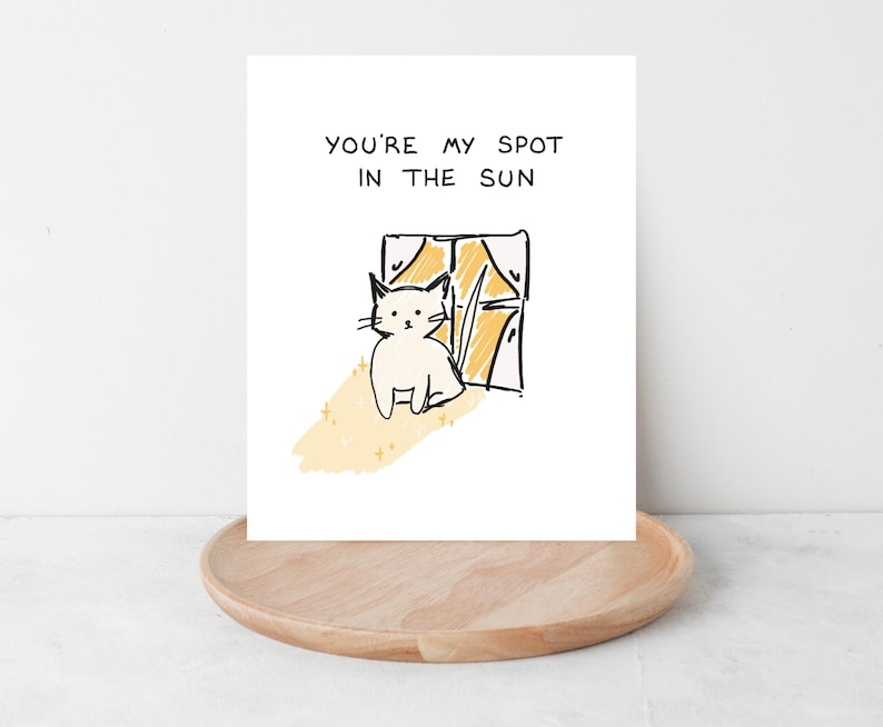 May include: A greeting card with a whimsical illustration of a white cat sitting by a window. The text "YOU'RE MY SPOT IN THE SUN" is written above the cat. The artwork has a hand-drawn style with yellow and black accents.