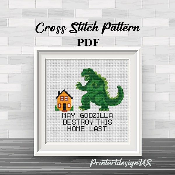 Godzilla Cross Stitch Pattern, Funny Subversive Design (PDF Pattern)