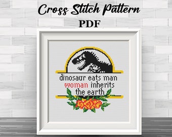 Dinosaur Eats Man Woman Inherits The Earth. DIY Subversive, Funny, Modern Counted Cross Stitch Pattern. Funny Jurassic Park Design. Raptor.