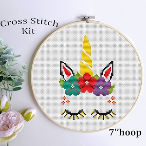 Unicorn Cross Stitch Kit: Floral Design, 7&quot; Hoop