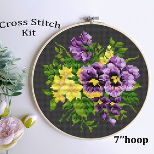 Daffodils and Violets Cross Stitch Kit: Floral Bouquet Embroidery, 7&quot; Hoop