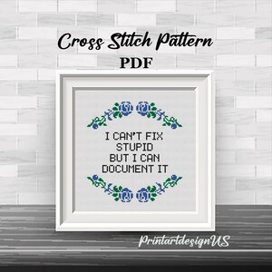 May include: A framed cross-stitch pattern with the text "I CAN'T FIX STUPID BUT I CAN DOCUMENT IT." The design includes blue floral accents and the words "Cross Stitch Pattern PDF." The frame is white, and the background is a brick wall.