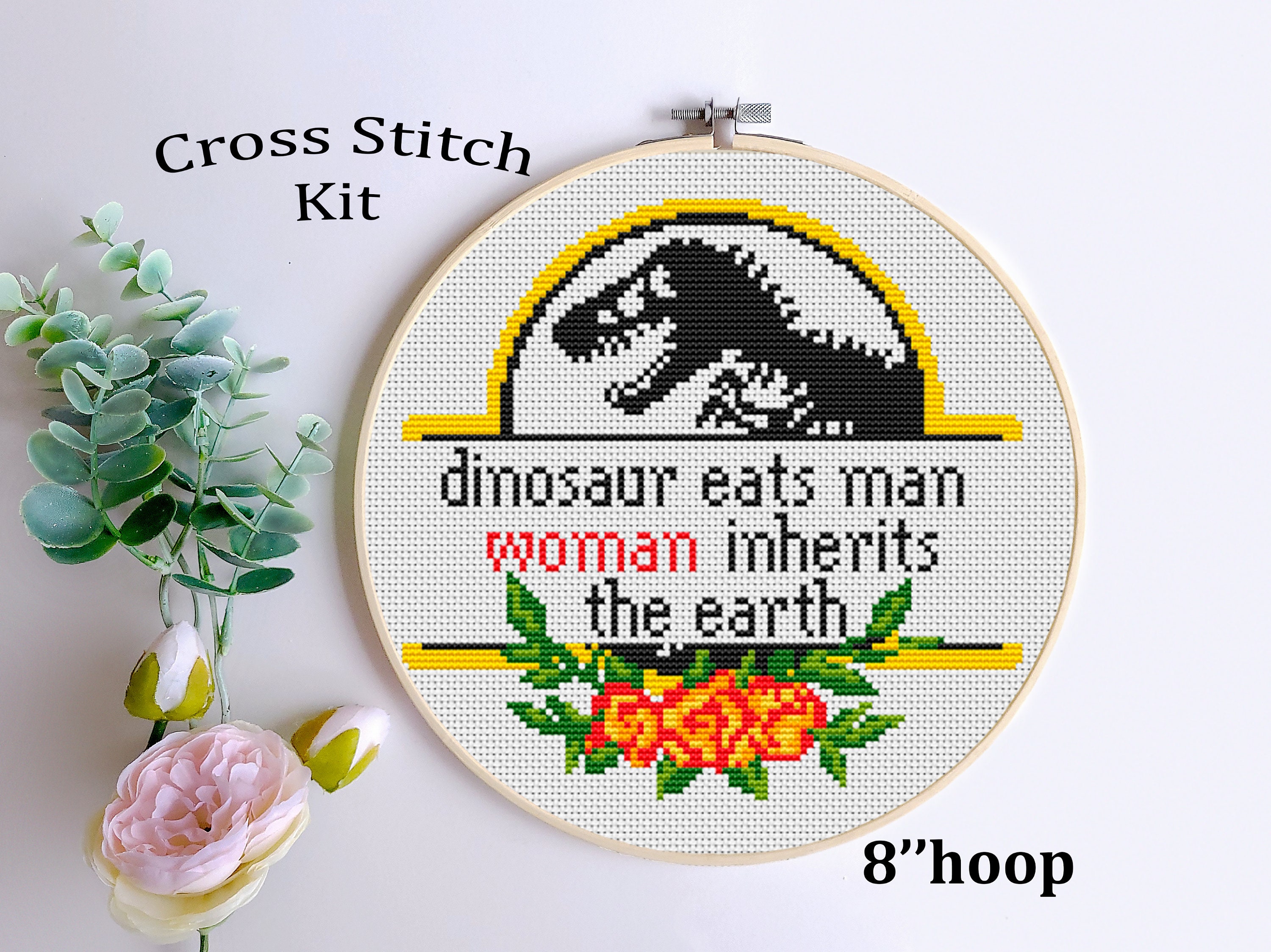 Dinosaur Eats Man Woman Inherits The Earth. DIY Subversive, Funny, Modern Counted Cross Stitch Kit. Funny Jurassic Park Design. Raptor.